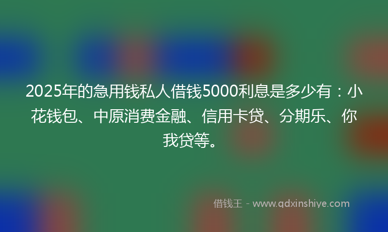 2025年的急用钱私人借钱5000利息是多少有：小花钱包、中原消费金融、信用卡贷、分期乐、你我贷等。