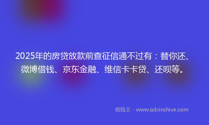 2025年的房贷放款前查征信通不过有：替你还、微博借钱、京东金融、维信卡卡贷、还呗等。