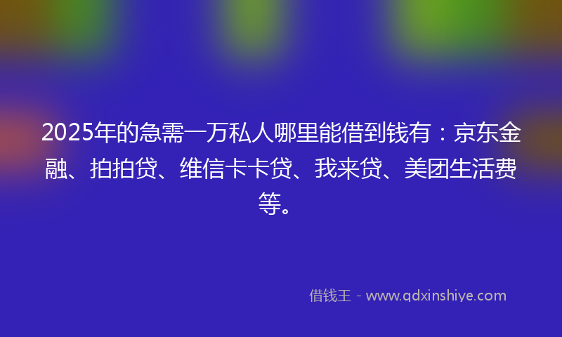 2025年的急需一万私人哪里能借到钱有：京东金融、拍拍贷、维信卡卡贷、我来贷、美团生活费等。