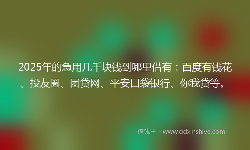 2025年的急用几千块钱到哪里借有：百度有钱花、投友圈、团贷网、平安口袋银行、你我贷等。