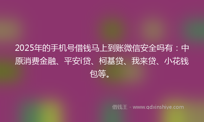 2025年的手机号借钱马上到账微信安全吗有：中原消费金融、平安i贷、柯基贷、我来贷、小花钱包等。