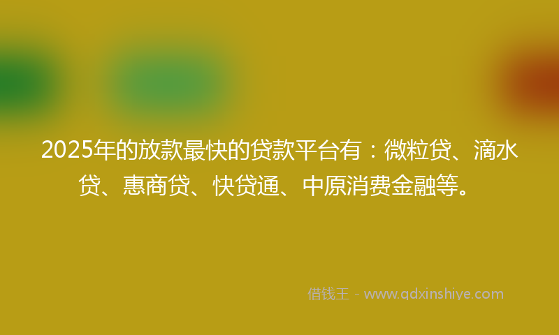 2025年的放款最快的贷款平台有：微粒贷、滴水贷、惠商贷、快贷通、中原消费金融等。