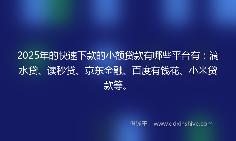 2025年的快速下款的小额贷款有哪些平台有：滴水贷、读秒贷、京东金融、百度有钱花、小米贷款等。