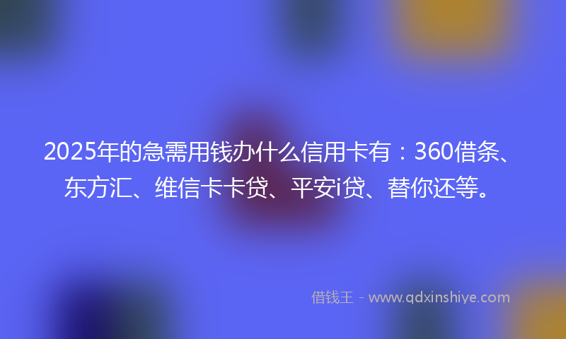 2025年的急需用钱办什么信用卡有：360借条、东方汇、维信卡卡贷、平安i贷、替你还等。