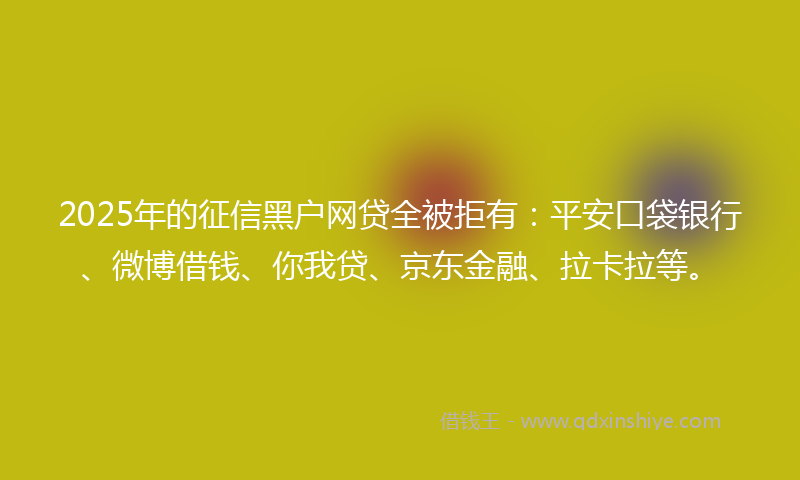 2025年的征信黑户网贷全被拒有：平安口袋银行、微博借钱、你我贷、京东金融、拉卡拉等。