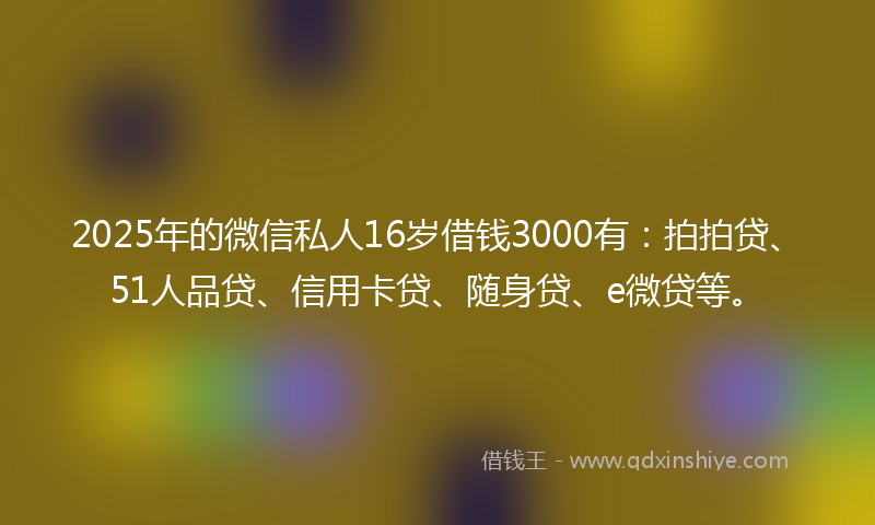 2025年的微信私人16岁借钱3000有：拍拍贷、51人品贷、信用卡贷、随身贷、e微贷等。