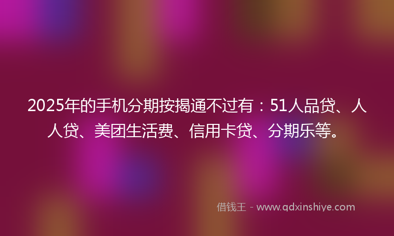 2025年的手机分期按揭通不过有：51人品贷、人人贷、美团生活费、信用卡贷、分期乐等。
