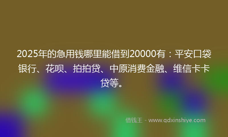 2025年的急用钱哪里能借到20000有：平安口袋银行、花呗、拍拍贷、中原消费金融、维信卡卡贷等。