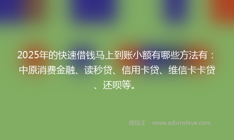 2025年的快速借钱马上到账小额有哪些方法有：中原消费金融、读秒贷、信用卡贷、维信卡卡贷、还呗等。