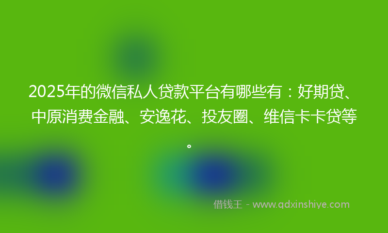 2025年的微信私人贷款平台有哪些有：好期贷、中原消费金融、安逸花、投友圈、维信卡卡贷等。