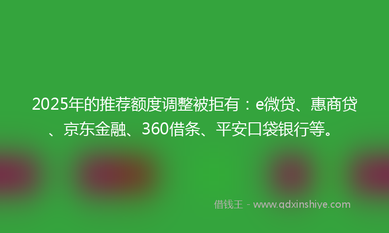 2025年的推荐额度调整被拒有：e微贷、惠商贷、京东金融、360借条、平安口袋银行等。