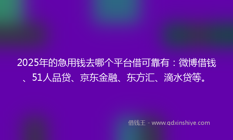 2025年的急用钱去哪个平台借可靠有：微博借钱、51人品贷、京东金融、东方汇、滴水贷等。