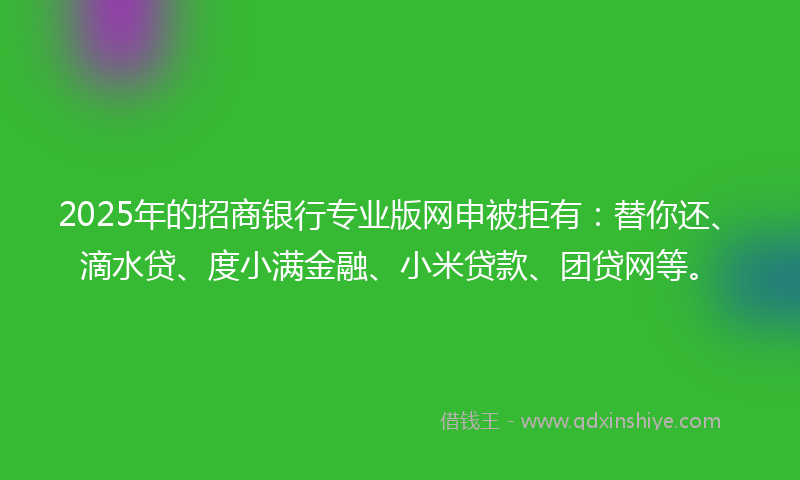 2025年的招商银行专业版网申被拒有：替你还、滴水贷、度小满金融、小米贷款、团贷网等。