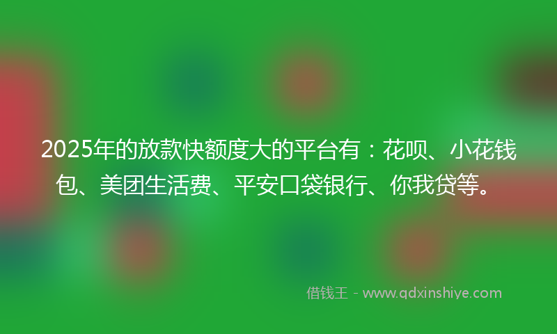 2025年的放款快额度大的平台有：花呗、小花钱包、美团生活费、平安口袋银行、你我贷等。