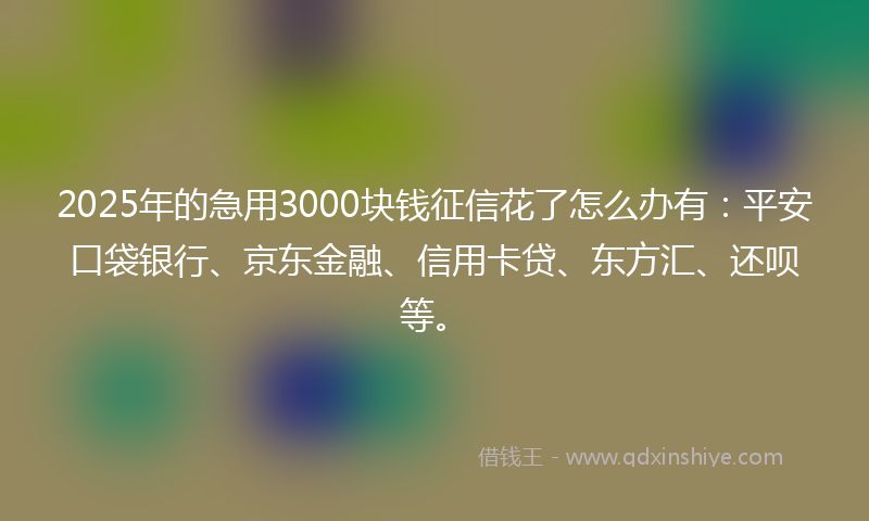 2025年的急用3000块钱征信花了怎么办有：平安口袋银行、京东金融、信用卡贷、东方汇、还呗等。