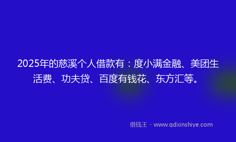 2025年的慈溪个人借款有：度小满金融、美团生活费、功夫贷、百度有钱花、东方汇等。