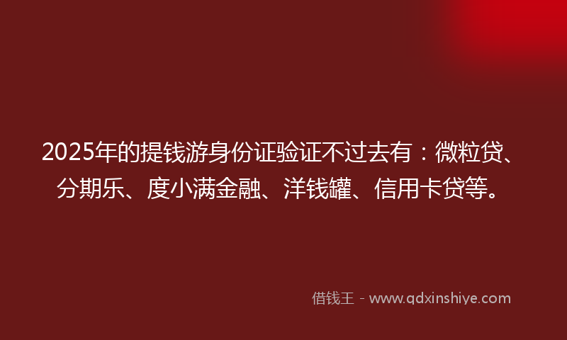 2025年的提钱游身份证验证不过去有：微粒贷、分期乐、度小满金融、洋钱罐、信用卡贷等。