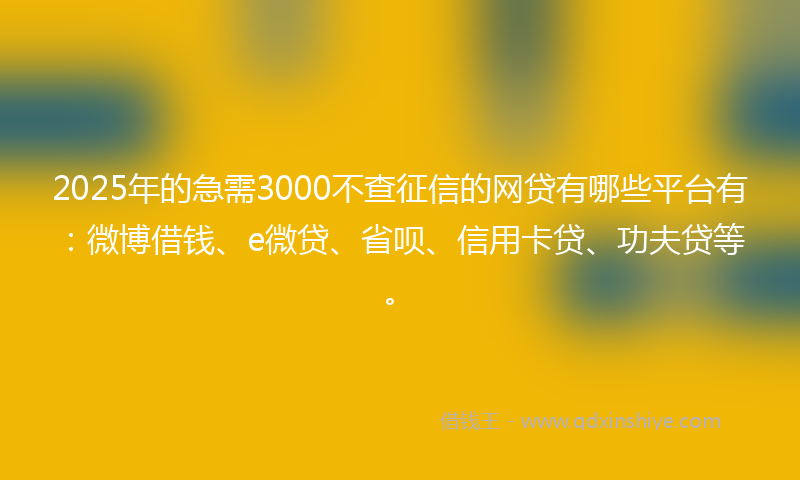 2025年的急需3000不查征信的网贷有哪些平台有：微博借钱、e微贷、省呗、信用卡贷、功夫贷等。