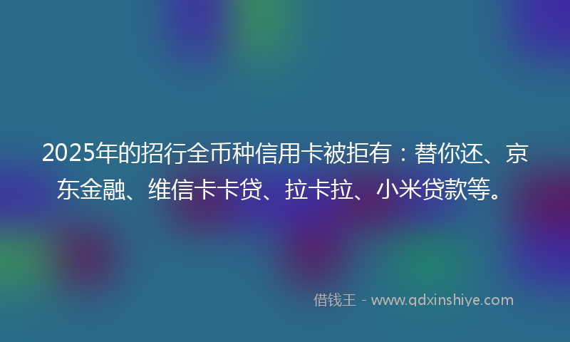 2025年的招行全币种信用卡被拒有：替你还、京东金融、维信卡卡贷、拉卡拉、小米贷款等。
