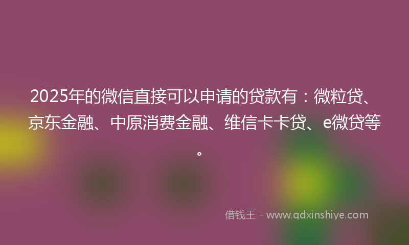2025年的微信直接可以申请的贷款有：微粒贷、京东金融、中原消费金融、维信卡卡贷、e微贷等。