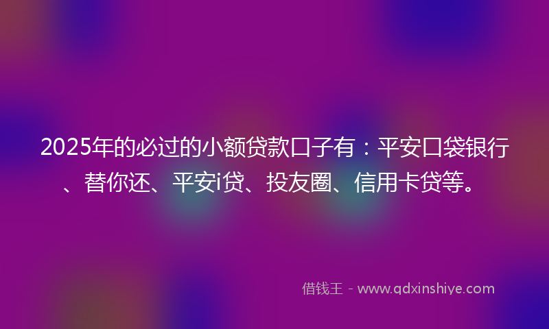2025年的必过的小额贷款口子有：平安口袋银行、替你还、平安i贷、投友圈、信用卡贷等。
