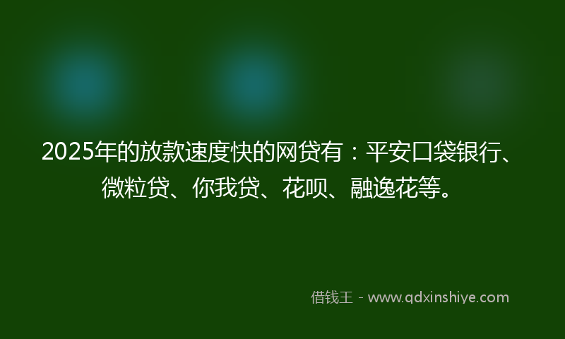 2025年的放款速度快的网贷有：平安口袋银行、微粒贷、你我贷、花呗、融逸花等。