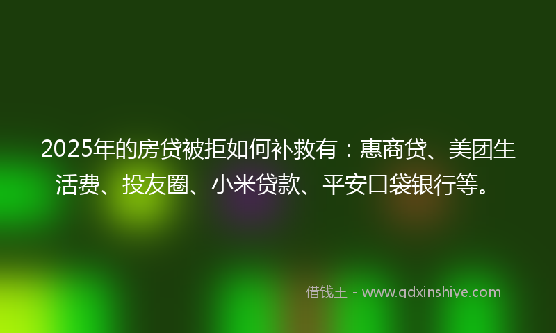 2025年的房贷被拒如何补救有：惠商贷、美团生活费、投友圈、小米贷款、平安口袋银行等。