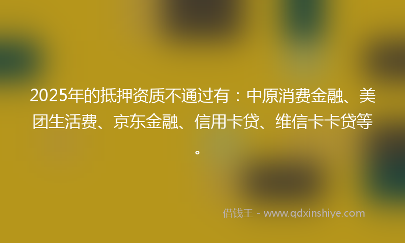 2025年的抵押资质不通过有：中原消费金融、美团生活费、京东金融、信用卡贷、维信卡卡贷等。