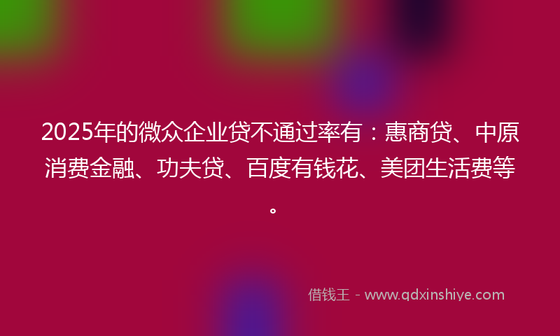 2025年的微众企业贷不通过率有：惠商贷、中原消费金融、功夫贷、百度有钱花、美团生活费等。