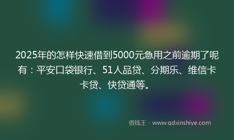 2025年的怎样快速借到5000元急用之前逾期了呢有：平安口袋银行、51人品贷、分期乐、维信卡卡贷、快贷通等。