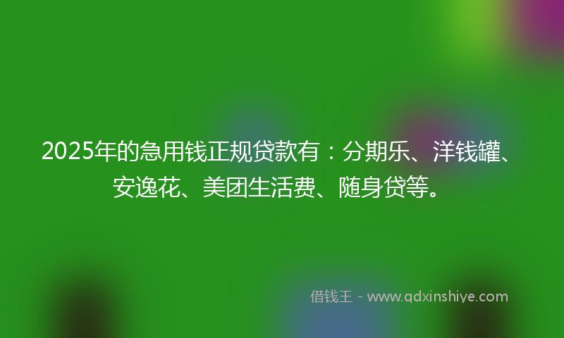 2025年的急用钱正规贷款有：分期乐、洋钱罐、安逸花、美团生活费、随身贷等。