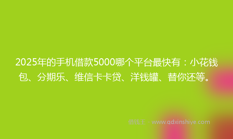 2025年的手机借款5000哪个平台最快有：小花钱包、分期乐、维信卡卡贷、洋钱罐、替你还等。