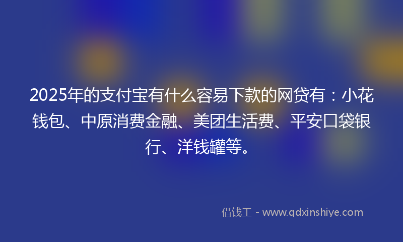 2025年的支付宝有什么容易下款的网贷有：小花钱包、中原消费金融、美团生活费、平安口袋银行、洋钱罐等。