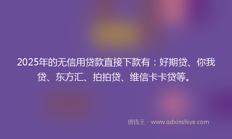 2025年的无信用贷款直接下款有：好期贷、你我贷、东方汇、拍拍贷、维信卡卡贷等。
