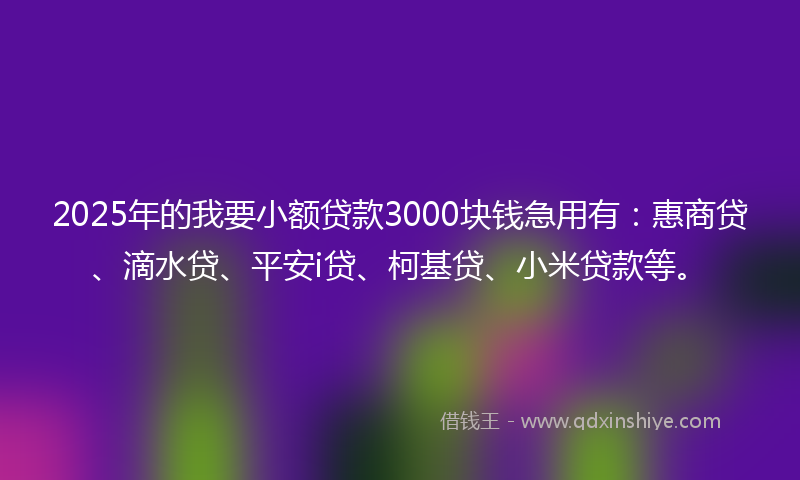 2025年的我要小额贷款3000块钱急用有：惠商贷、滴水贷、平安i贷、柯基贷、小米贷款等。