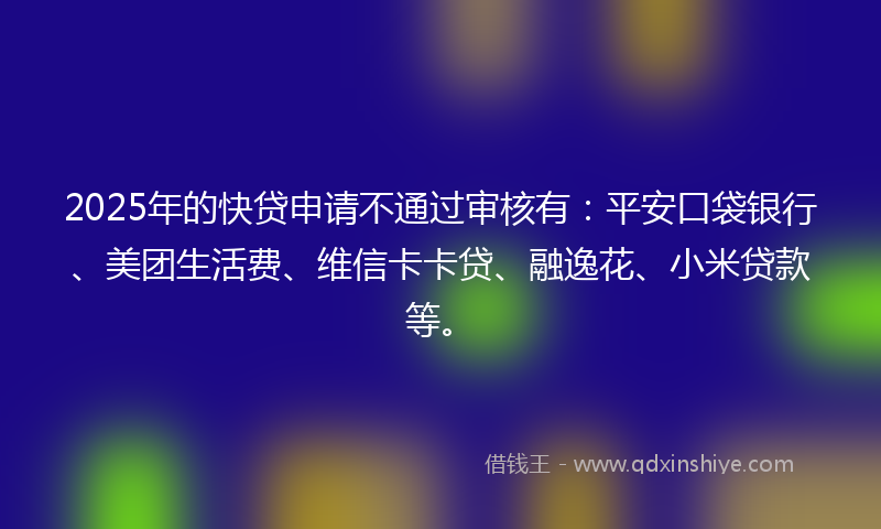 2025年的快贷申请不通过审核有：平安口袋银行、美团生活费、维信卡卡贷、融逸花、小米贷款等。