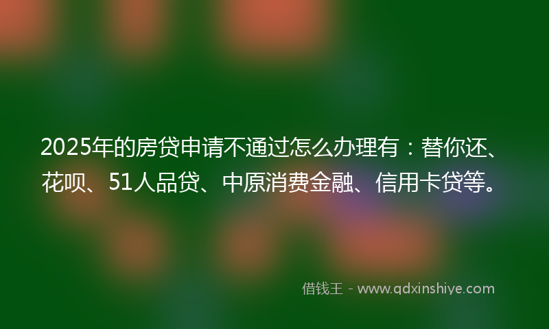 2025年的房贷申请不通过怎么办理有：替你还、花呗、51人品贷、中原消费金融、信用卡贷等。