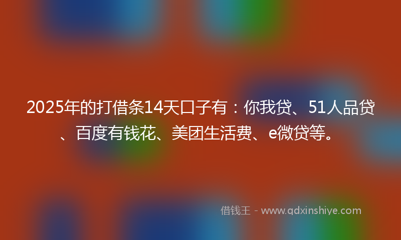 2025年的打借条14天口子有：你我贷、51人品贷、百度有钱花、美团生活费、e微贷等。