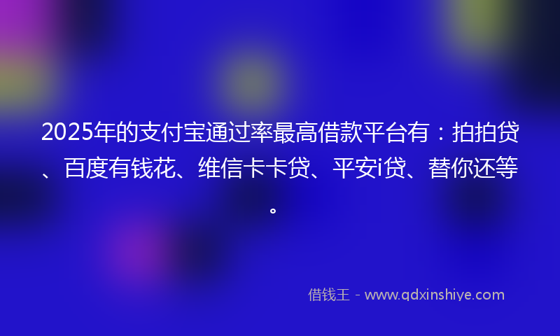 2025年的支付宝通过率最高借款平台有：拍拍贷、百度有钱花、维信卡卡贷、平安i贷、替你还等。