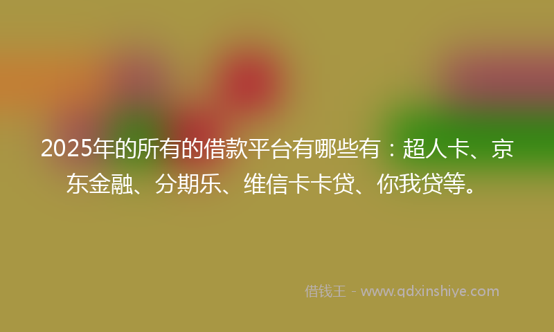 2025年的所有的借款平台有哪些有：超人卡、京东金融、分期乐、维信卡卡贷、你我贷等。
