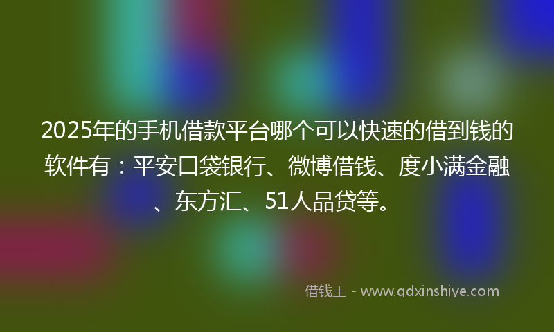 2025年的手机借款平台哪个可以快速的借到钱的软件有：平安口袋银行、微博借钱、度小满金融、东方汇、51人品贷等。