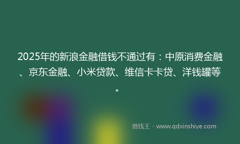 2025年的新浪金融借钱不通过有：中原消费金融、京东金融、小米贷款、维信卡卡贷、洋钱罐等。