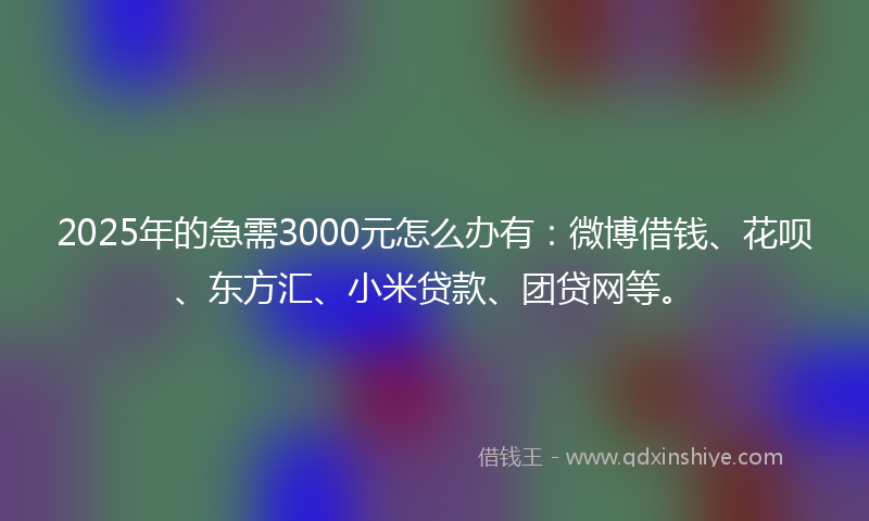 2025年的急需3000元怎么办有：微博借钱、花呗、东方汇、小米贷款、团贷网等。