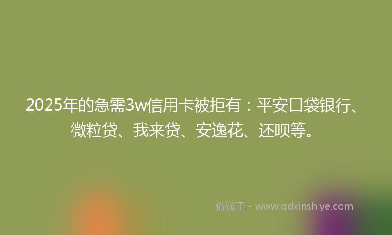 2025年的急需3w信用卡被拒有：平安口袋银行、微粒贷、我来贷、安逸花、还呗等。