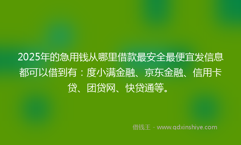 2025年的急用钱从哪里借款最安全最便宜发信息都可以借到有：度小满金融、京东金融、信用卡贷、团贷网、快贷通等。