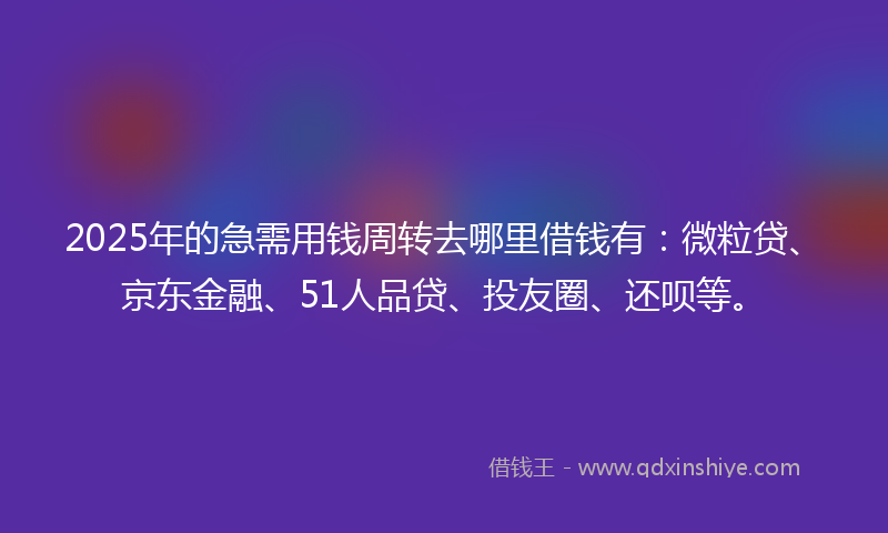 2025年的急需用钱周转去哪里借钱有：微粒贷、京东金融、51人品贷、投友圈、还呗等。