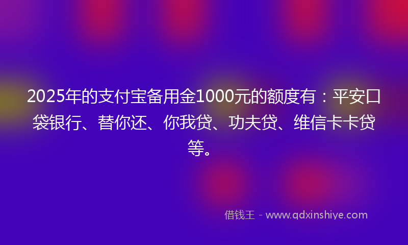 2025年的支付宝备用金1000元的额度有：平安口袋银行、替你还、你我贷、功夫贷、维信卡卡贷等。
