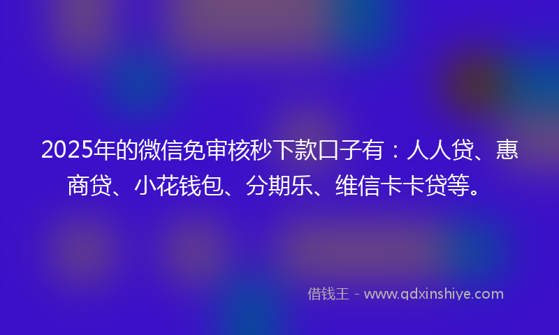 2025年的微信免审核秒下款口子有：人人贷、惠商贷、小花钱包、分期乐、维信卡卡贷等。