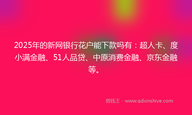 2025年的新网银行花户能下款吗有：超人卡、度小满金融、51人品贷、中原消费金融、京东金融等。
