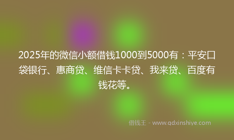 2025年的微信小额借钱1000到5000有：平安口袋银行、惠商贷、维信卡卡贷、我来贷、百度有钱花等。